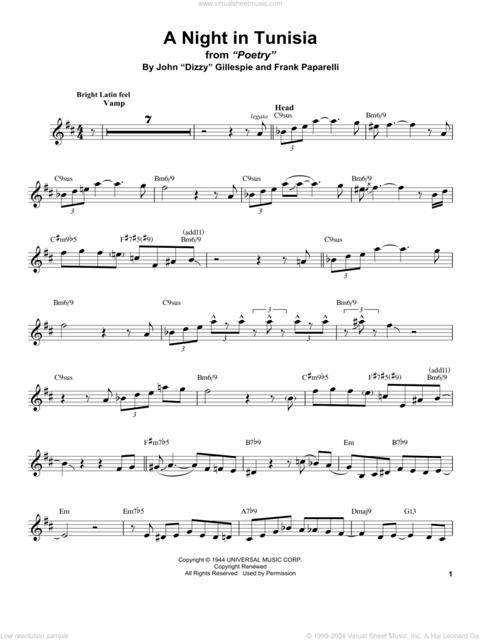 A Night In Tunisia sheet music for alto saxophone (transcription) by Stan Getz, Dizzy Gillespie and Frank Paparelli, intermediate skill level