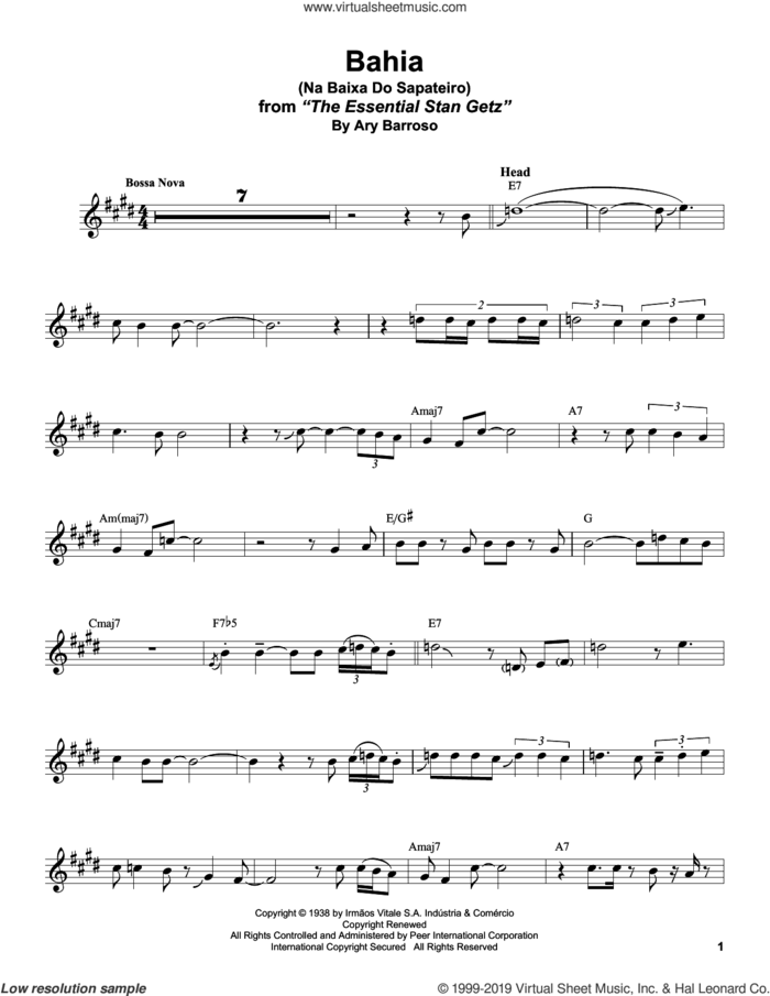 Bahia (Na Baixa Do Sapateiro) sheet music for alto saxophone (transcription) by Stan Getz and Ary Barroso, intermediate skill level