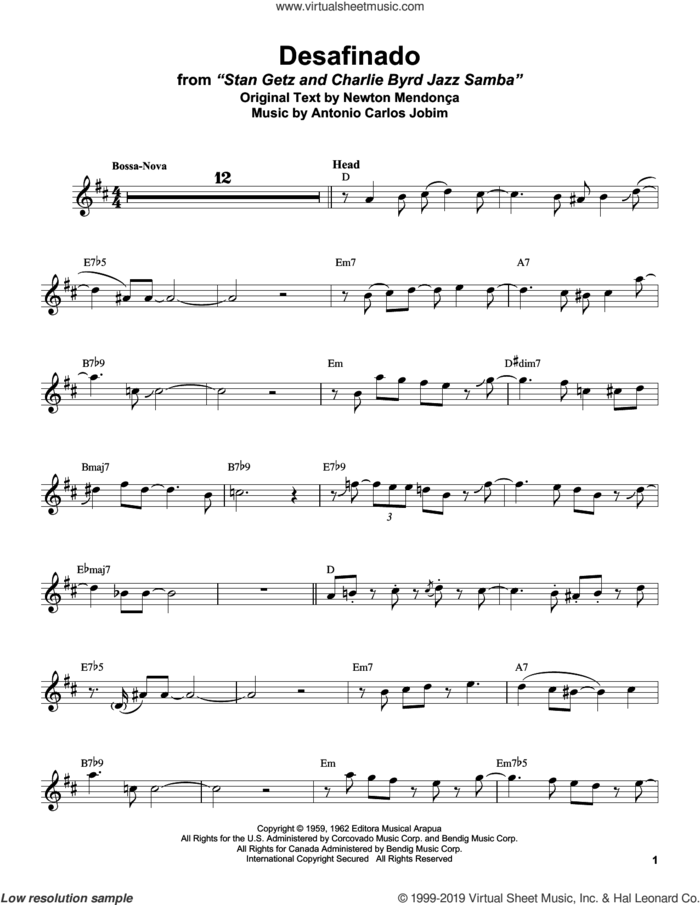 Desafinado sheet music for alto saxophone (transcription) by Stan Getz, Antonio Carlos Jobim and Newton Mendonca, intermediate skill level