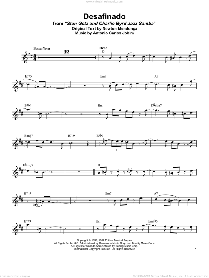 Desafinado sheet music for alto saxophone (transcription) by Stan Getz, Antonio Carlos Jobim and Newton Mendonca, intermediate skill level