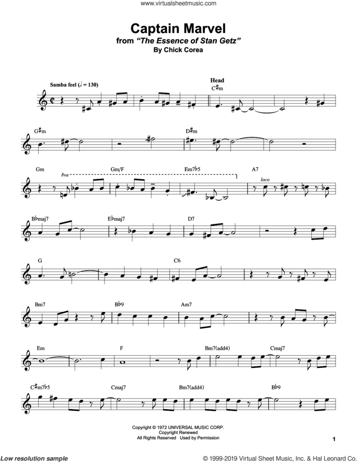 Captain Marvel sheet music for alto saxophone (transcription) by Stan Getz and Chick Corea, intermediate skill level