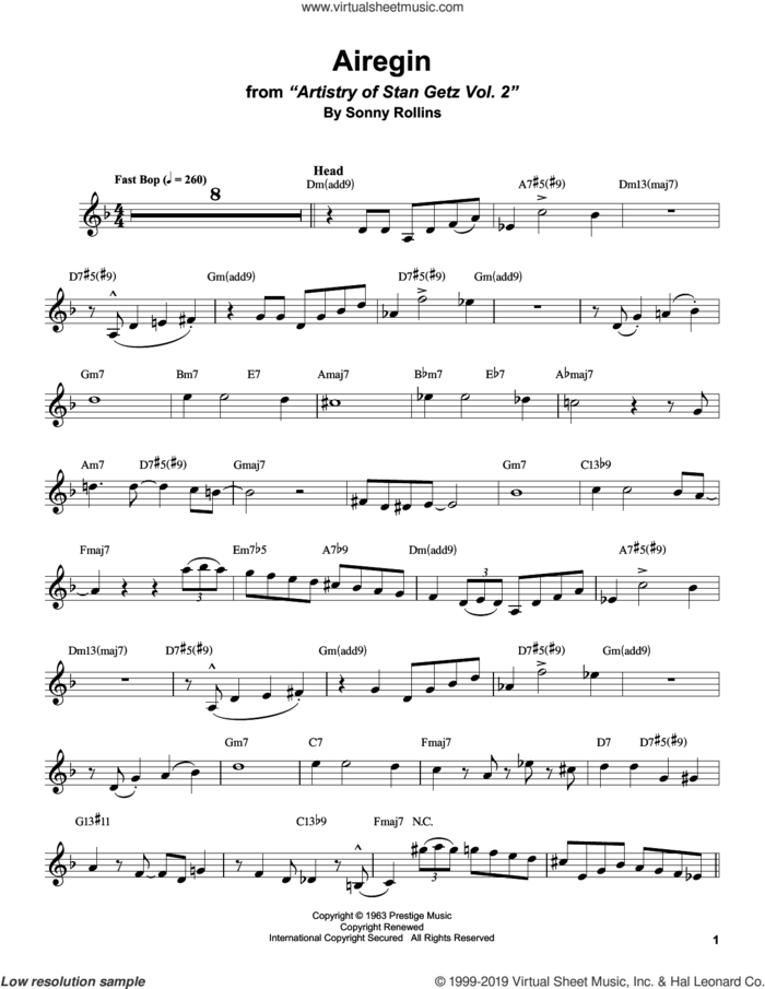 Airegin sheet music for alto saxophone (transcription) by Stan Getz and Sonny Rollins, intermediate skill level