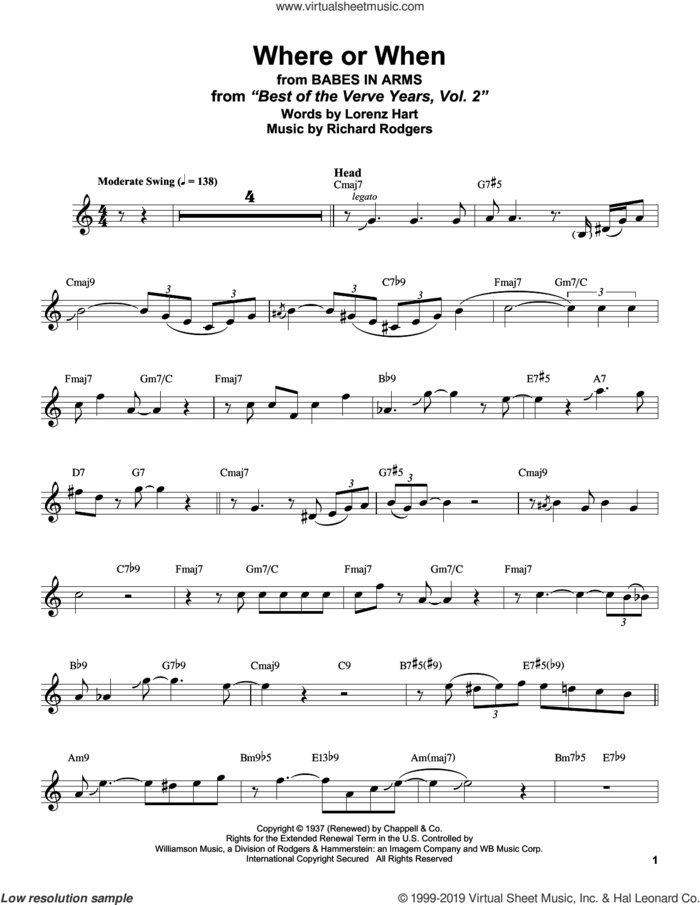 Where Or When (from Babes In Arms) sheet music for alto saxophone (transcription) by Stan Getz, Lorenz Hart and Richard Rodgers, intermediate skill level