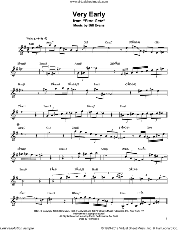 Very Early sheet music for alto saxophone (transcription) by Stan Getz and Bill Evans, intermediate skill level
