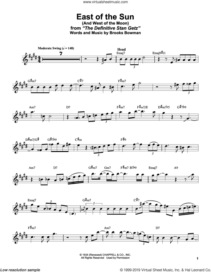East Of The Sun (And West Of The Moon) sheet music for alto saxophone (transcription) by Stan Getz and Brooks Bowman, intermediate skill level