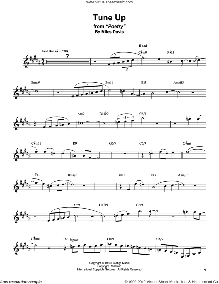 Tune Up sheet music for alto saxophone (transcription) by Stan Getz and Miles Davis, intermediate skill level