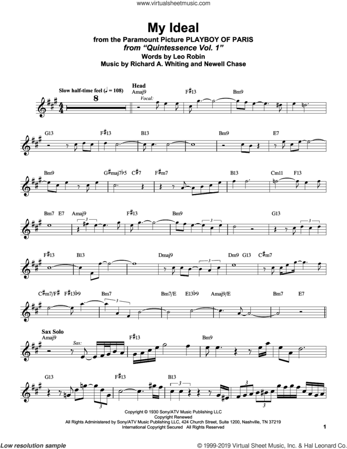 My Ideal (from Playboy of Paris) sheet music for alto saxophone (transcription) by Stan Getz, Leo Robin, Newell Chase and Richard A. Whiting, intermediate skill level