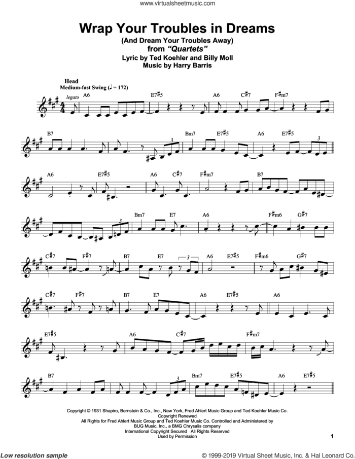 Wrap Your Troubles In Dreams (And Dream Your Troubles Away) sheet music for alto saxophone (transcription) by Stan Getz, Billy Moll, Harry Barris and Ted Koehler, intermediate skill level