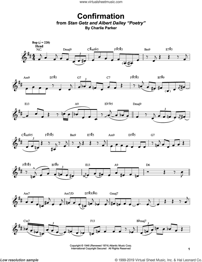 Confirmation sheet music for alto saxophone (transcription) by Stan Getz and Charlie Parker, intermediate skill level