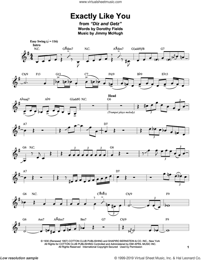 Exactly Like You sheet music for alto saxophone (transcription) by Stan Getz, Dorothy Fields and Jimmy McHugh, intermediate skill level