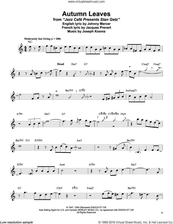 Autumn Leaves sheet music for alto saxophone (transcription) by Stan Getz, Jacques Prevert, Johnny Mercer and Joseph Kosma, intermediate skill level