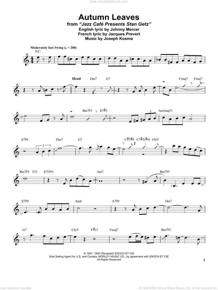 Autumn Leaves sheet music for alto saxophone (transcription) by Stan Getz, Jacques Prevert, Johnny Mercer and Joseph Kosma, intermediate skill level