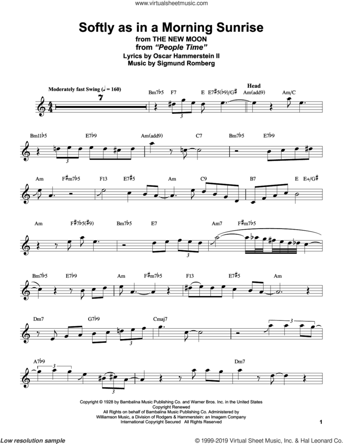 Softly As In A Morning Sunrise (from The New Moon) sheet music for alto saxophone (transcription) by Stan Getz, Oscar II Hammerstein and Sigmund Romberg, intermediate skill level