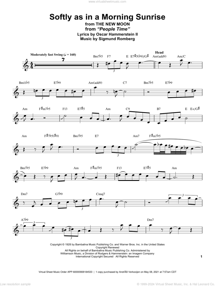 Softly As In A Morning Sunrise (from The New Moon) sheet music for alto saxophone (transcription) by Stan Getz, Oscar II Hammerstein and Sigmund Romberg, intermediate skill level