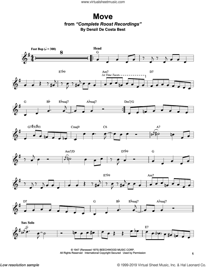 Move sheet music for alto saxophone (transcription) by Stan Getz and Denzil De Costa Best, intermediate skill level