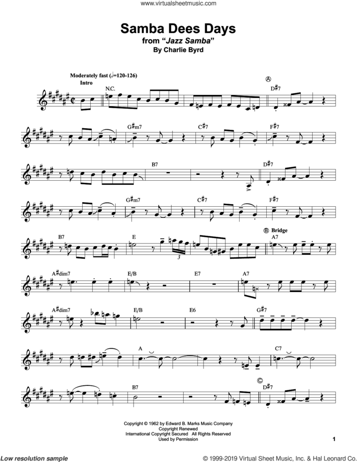 Samba Dees Days sheet music for alto saxophone (transcription) by Stan Getz and Charlie Byrd, intermediate skill level