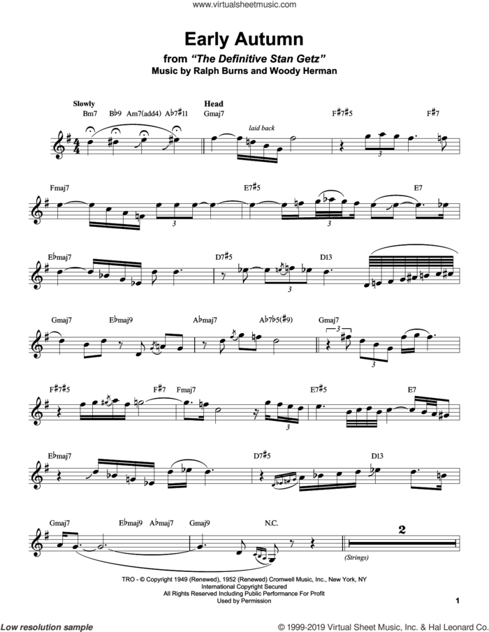 Early Autumn sheet music for alto saxophone (transcription) by Stan Getz, Johnny Mercer, Ralph Burns and Woody Herman, intermediate skill level