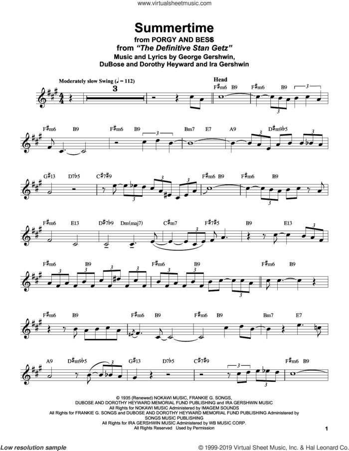 Summertime (from Porgy and Bess) sheet music for alto saxophone (transcription) by Stan Getz, Dorothy Heyward, DuBose Heyward, George Gershwin and Ira Gershwin, intermediate skill level