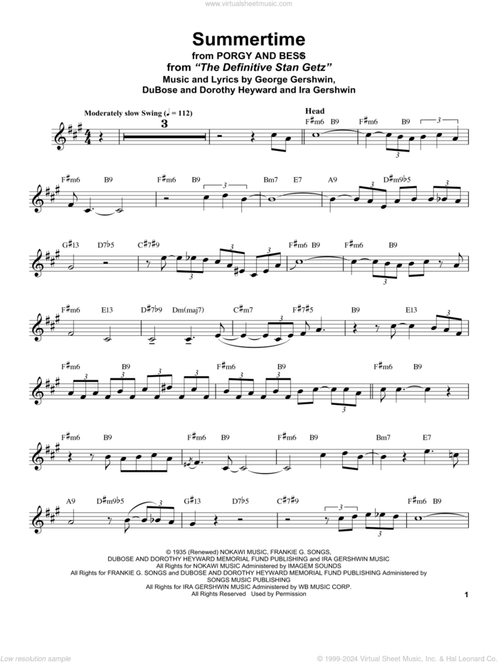 Summertime (from Porgy and Bess) sheet music for alto saxophone (transcription) by Stan Getz, Dorothy Heyward, DuBose Heyward, George Gershwin and Ira Gershwin, intermediate skill level