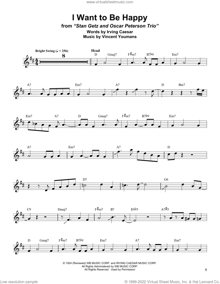 I Want To Be Happy sheet music for alto saxophone (transcription) by Stan Getz, Irving Caesar and Vincent Youmans, intermediate skill level