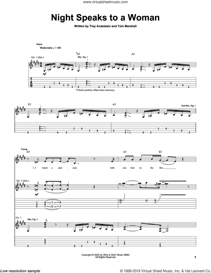 Night Speaks To A Woman sheet music for guitar (tablature) by Trey Anastasio and Tom Marshall, intermediate skill level