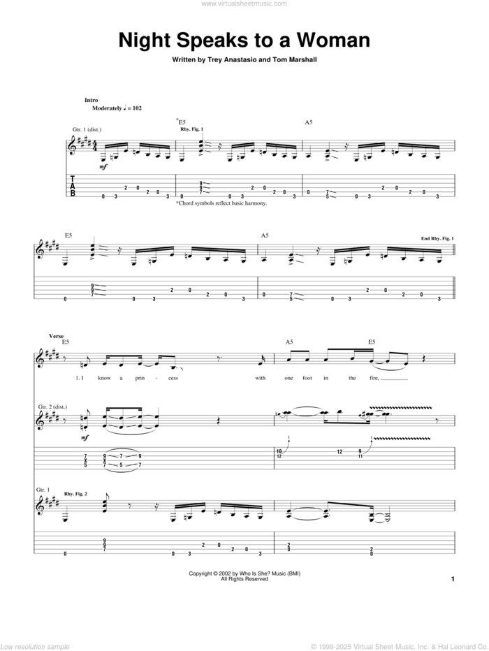 Night Speaks To A Woman sheet music for guitar (tablature) by Trey Anastasio and Tom Marshall, intermediate skill level