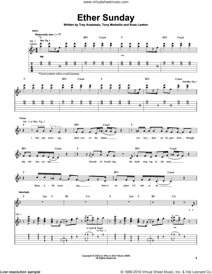 Ether Sunday sheet music for guitar (tablature) by Trey Anastasio, Russ Lawton and Tony Markellis, intermediate skill level