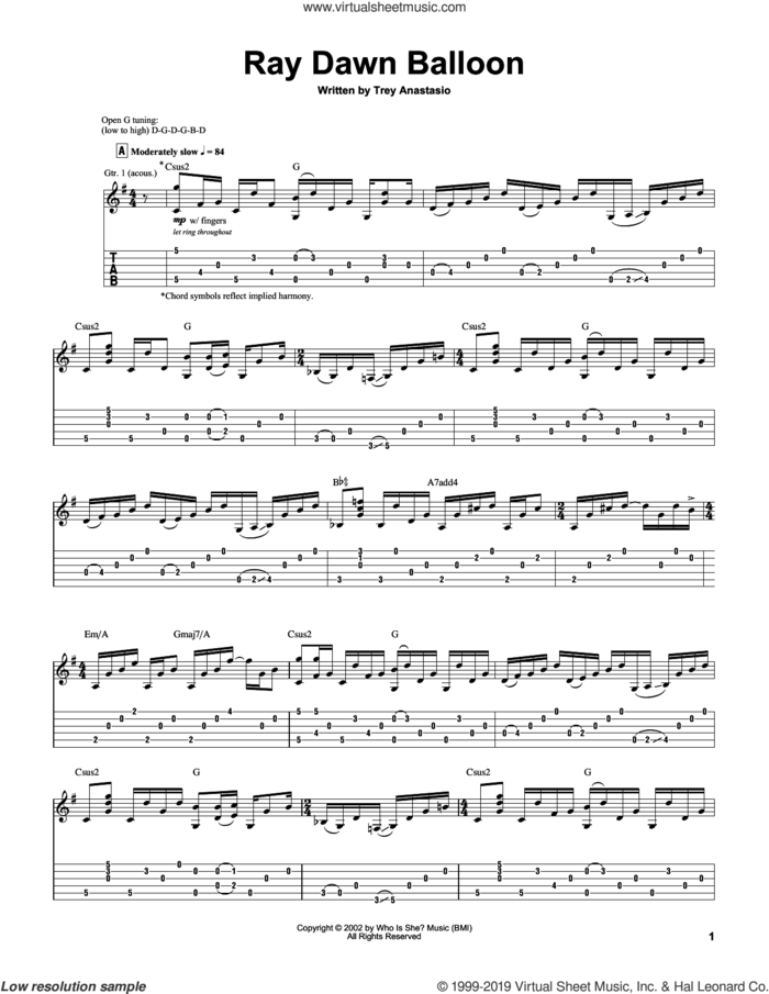 Ray Dawn Balloon sheet music for guitar (tablature) by Trey Anastasio, intermediate skill level