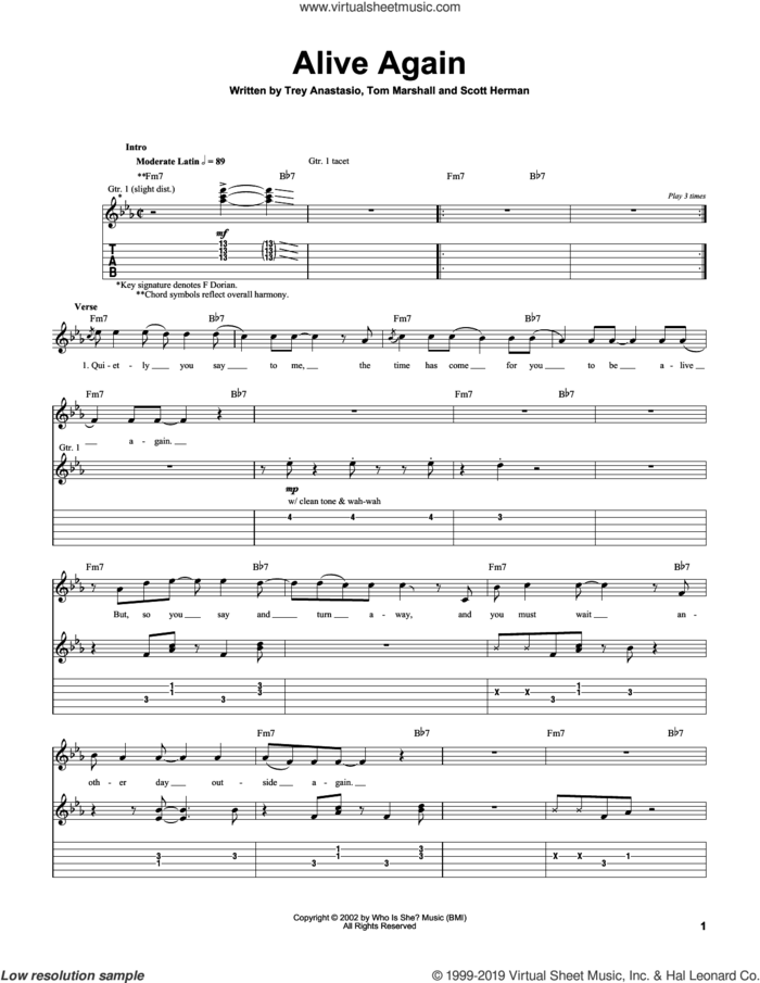 Alive Again sheet music for guitar (tablature) by Trey Anastasio, Scott Herman and Tom Marshall, intermediate skill level