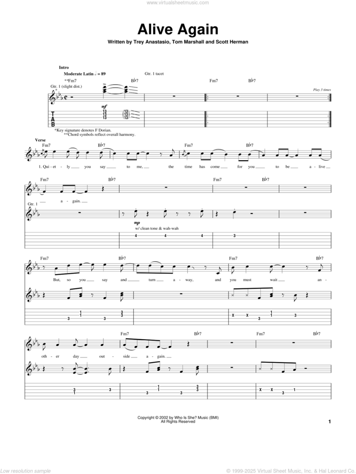 Alive Again sheet music for guitar (tablature) by Trey Anastasio, Scott Herman and Tom Marshall, intermediate skill level