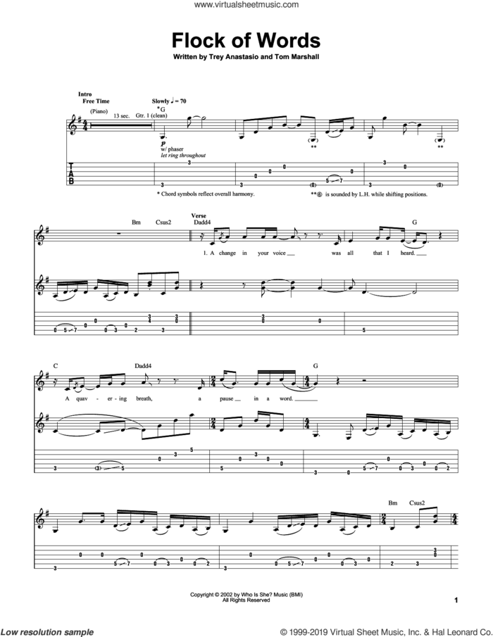 Flock Of Words sheet music for guitar (tablature) by Trey Anastasio and Tom Marshall, intermediate skill level