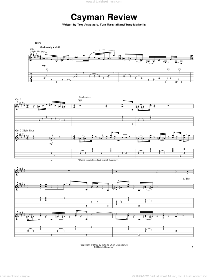 Cayman Review sheet music for guitar (tablature) by Trey Anastasio, Tom Marshall and Tony Markellis, intermediate skill level