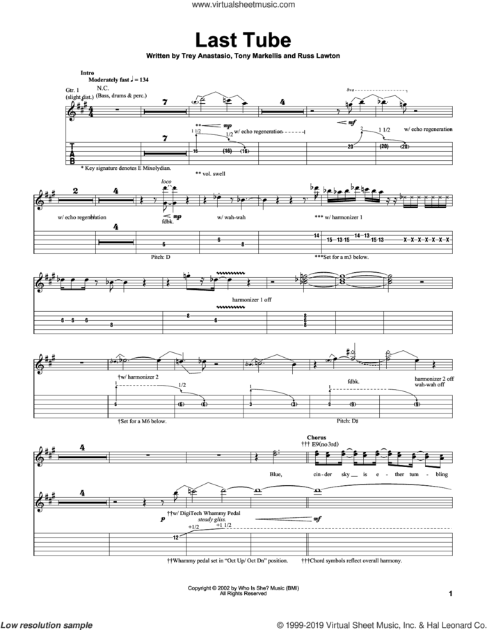 Last Tube sheet music for guitar (tablature) by Trey Anastasio, Russ Lawton and Tony Markellis, intermediate skill level