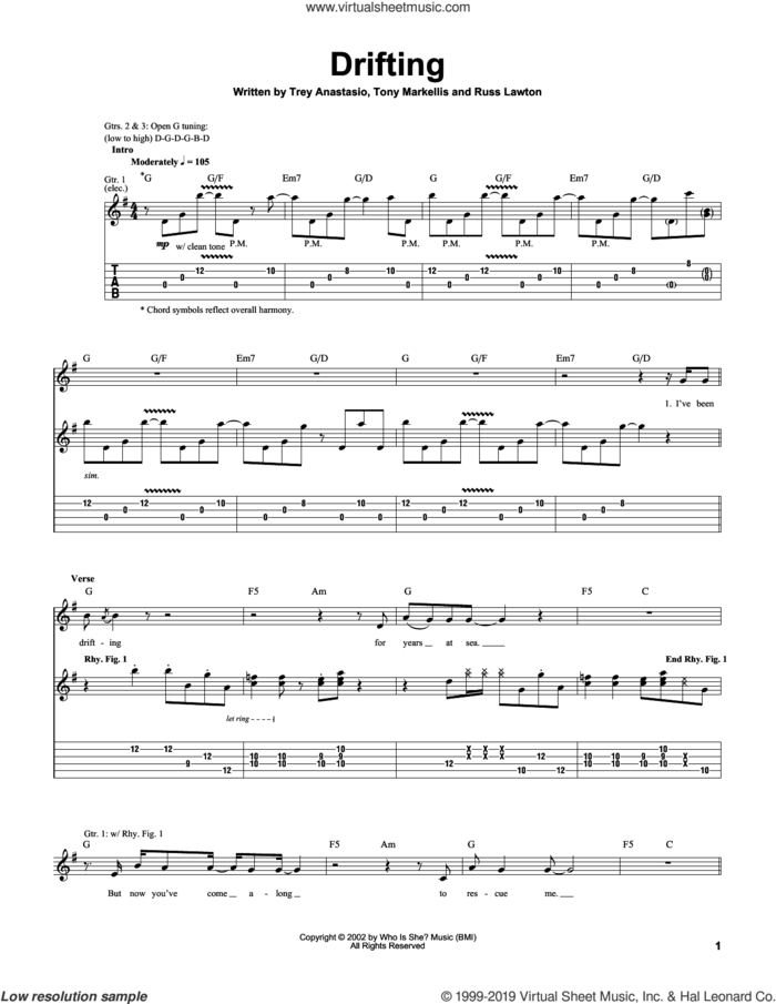 Drifting sheet music for guitar (tablature) by Trey Anastasio, Russ Lawton and Tony Markellis, intermediate skill level