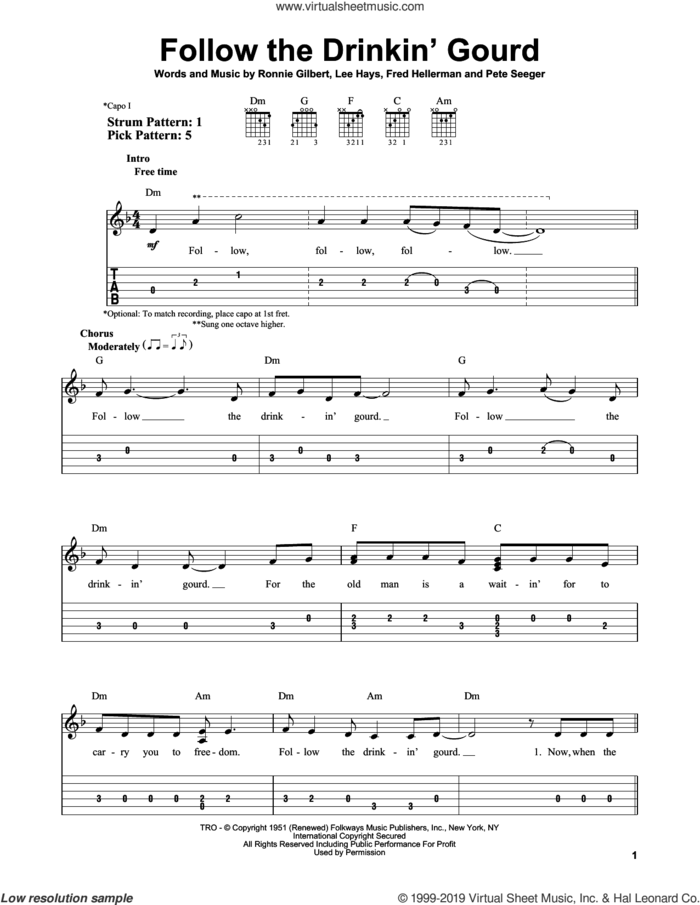 Follow The Drinkin' Gourd sheet music for guitar solo (easy tablature) by Pete Seeger, Fred Hellerman, Lee Hays and Ronnie Gilbert, easy guitar (easy tablature)