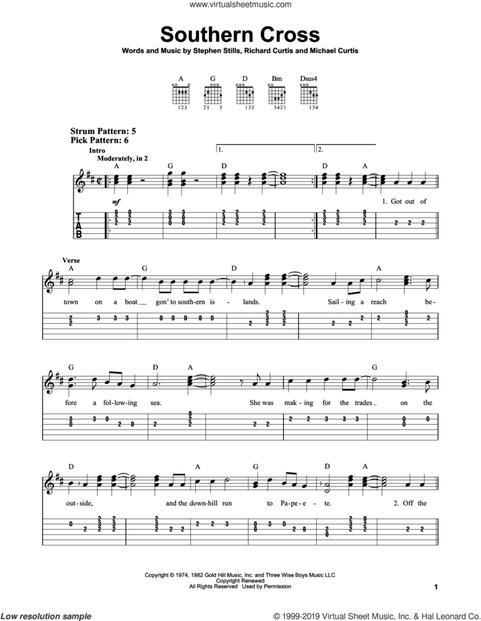 Southern Cross sheet music for guitar solo (easy tablature) by Crosby, Stills & Nash, Michael Curtis, Richard Curtis and Stephen Stills, easy guitar (easy tablature)