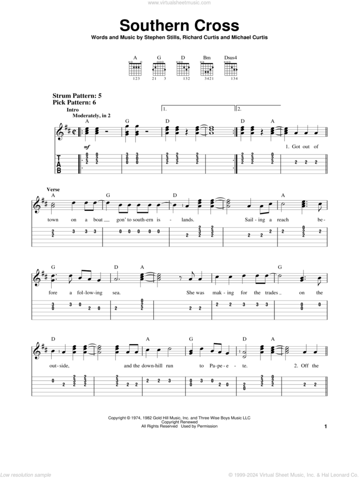 Southern Cross sheet music for guitar solo (easy tablature) by Crosby, Stills & Nash, Michael Curtis, Richard Curtis and Stephen Stills, easy guitar (easy tablature)