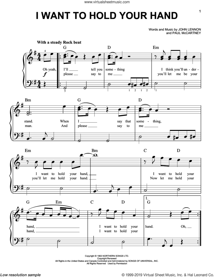 I Want To Hold Your Hand (from Yesterday) sheet music for piano solo by The Beatles, John Lennon and Paul McCartney, easy skill level