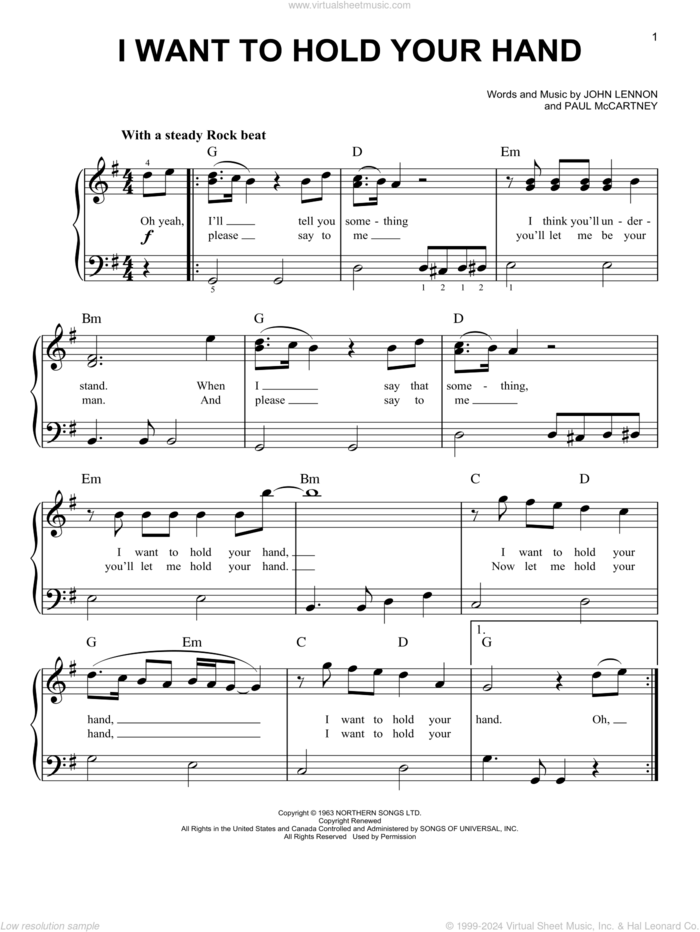 I Want To Hold Your Hand (from Yesterday) sheet music for piano solo by The Beatles, John Lennon and Paul McCartney, easy skill level