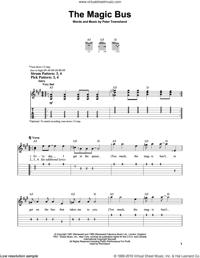 The Magic Bus sheet music for guitar solo (easy tablature) by The Who and Pete Townshend, easy guitar (easy tablature)