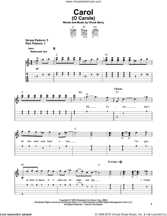 Carol (O Carole) sheet music for guitar solo (easy tablature) by Chuck Berry, easy guitar (easy tablature)