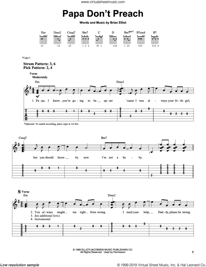 Papa Don't Preach sheet music for guitar solo (easy tablature) by Madonna and Brian Elliot, easy guitar (easy tablature)