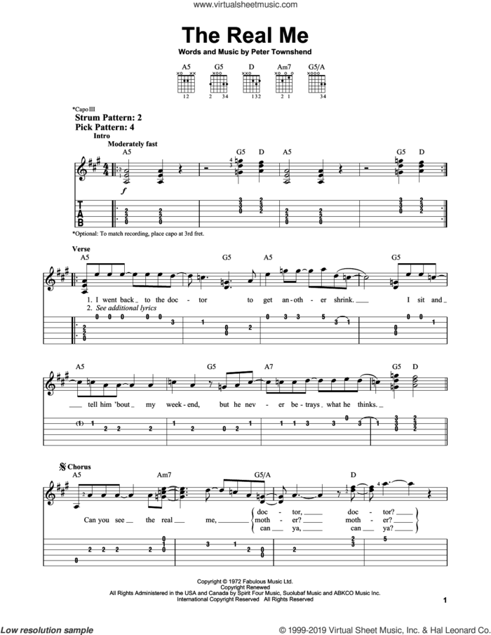 The Real Me sheet music for guitar solo (easy tablature) by The Who and Pete Townshend, easy guitar (easy tablature)