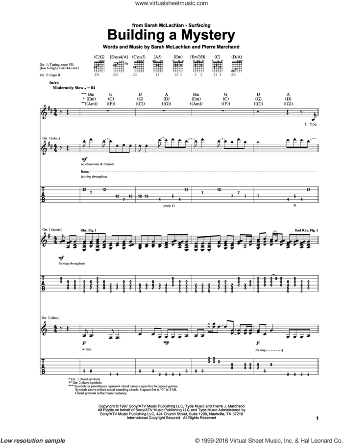 Building A Mystery sheet music for guitar (tablature) by Sarah McLachlan and Pierre Marchand, intermediate skill level