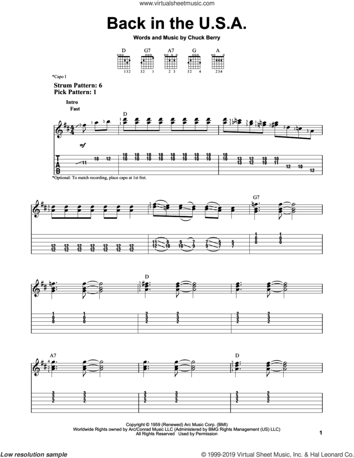 Back In The U.S.A. sheet music for guitar solo (easy tablature) by Chuck Berry, easy guitar (easy tablature)