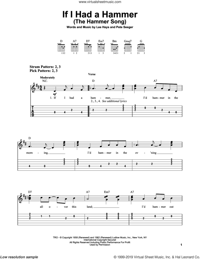 If I Had A Hammer (The Hammer Song) sheet music for guitar solo (easy tablature) by Peter, Paul & Mary, Lee Hays and Pete Seeger, easy guitar (easy tablature)