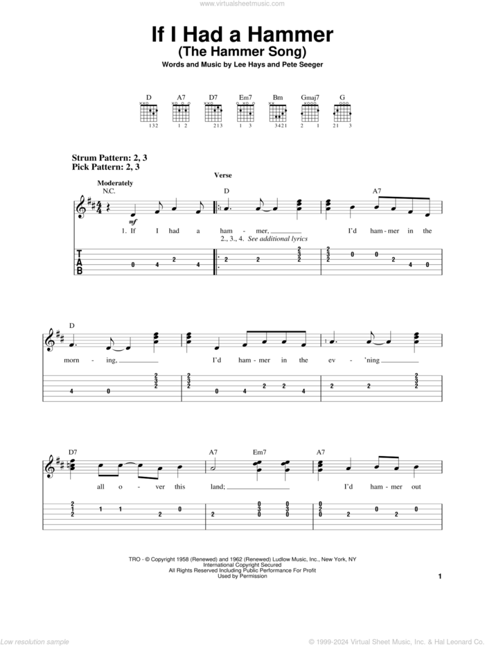 If I Had A Hammer (The Hammer Song) sheet music for guitar solo (easy tablature) by Peter, Paul & Mary, Lee Hays and Pete Seeger, easy guitar (easy tablature)