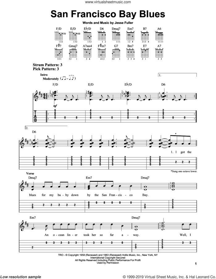 San Francisco Bay Blues sheet music for guitar solo (easy tablature) by Eric Clapton and Jesse Fuller, easy guitar (easy tablature)