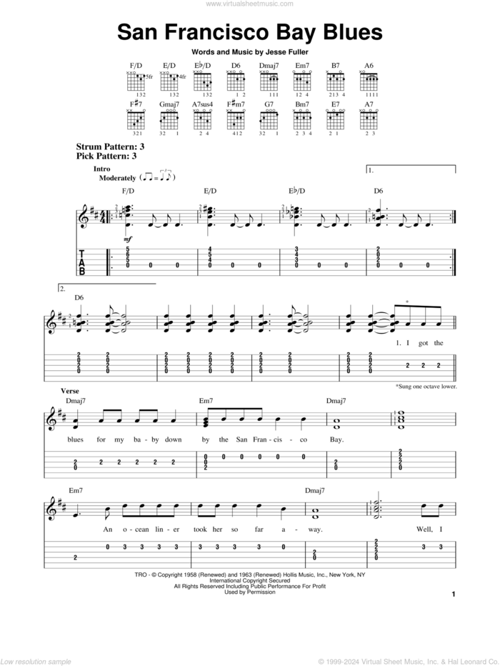 San Francisco Bay Blues sheet music for guitar solo (easy tablature) by Eric Clapton and Jesse Fuller, easy guitar (easy tablature)