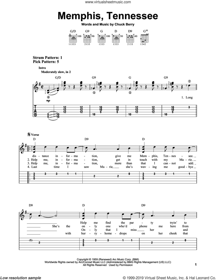 Memphis, Tennessee sheet music for guitar solo (easy tablature) by Chuck Berry, easy guitar (easy tablature)